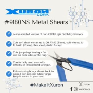 The Xuron® 9180NS Metal Scissors cuts soft sheet metals up to 20 AWG (.8 mm), soft wire up to 16 AWG (1.3 mm), thin sheet plastic & vinyl.